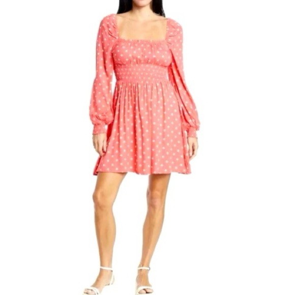 AFRM Long Sleeve Smocked Waist Polka Dot Mini Dress - Picture 7 of 7